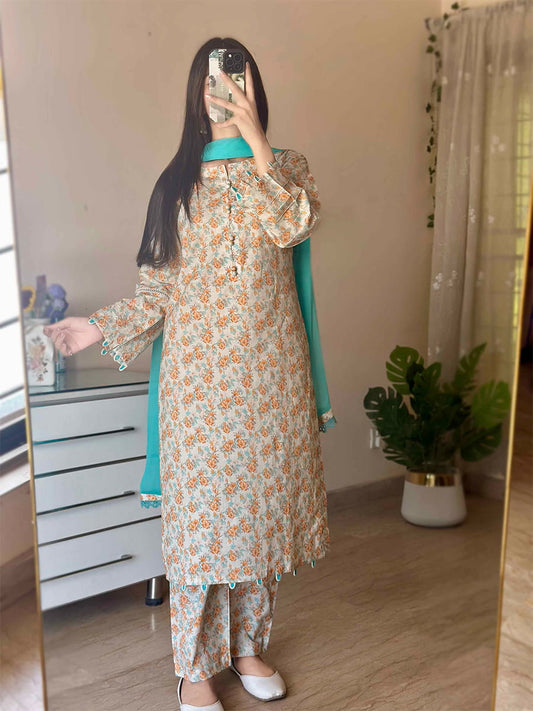 3 Piece - Cambric Printed Dress